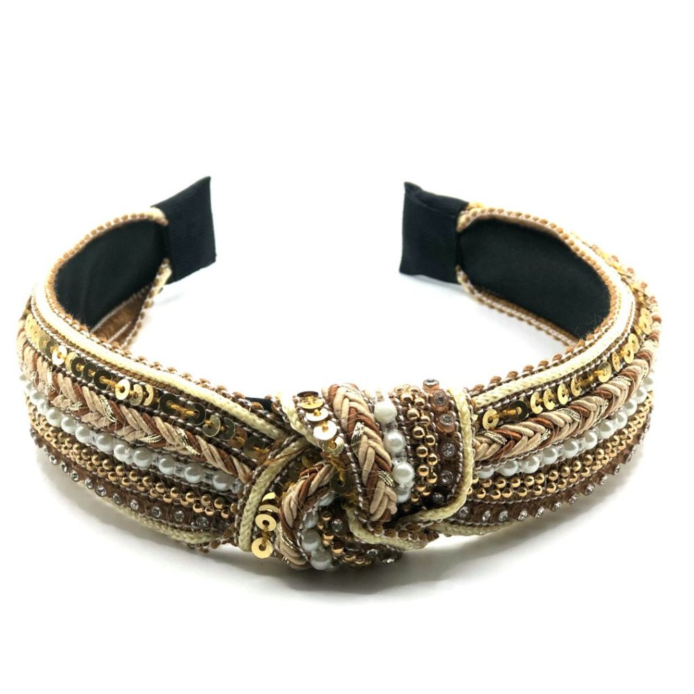 Brown Beaded Headband Crystal Pearl Knot Headbands Bohemian Headband for Women